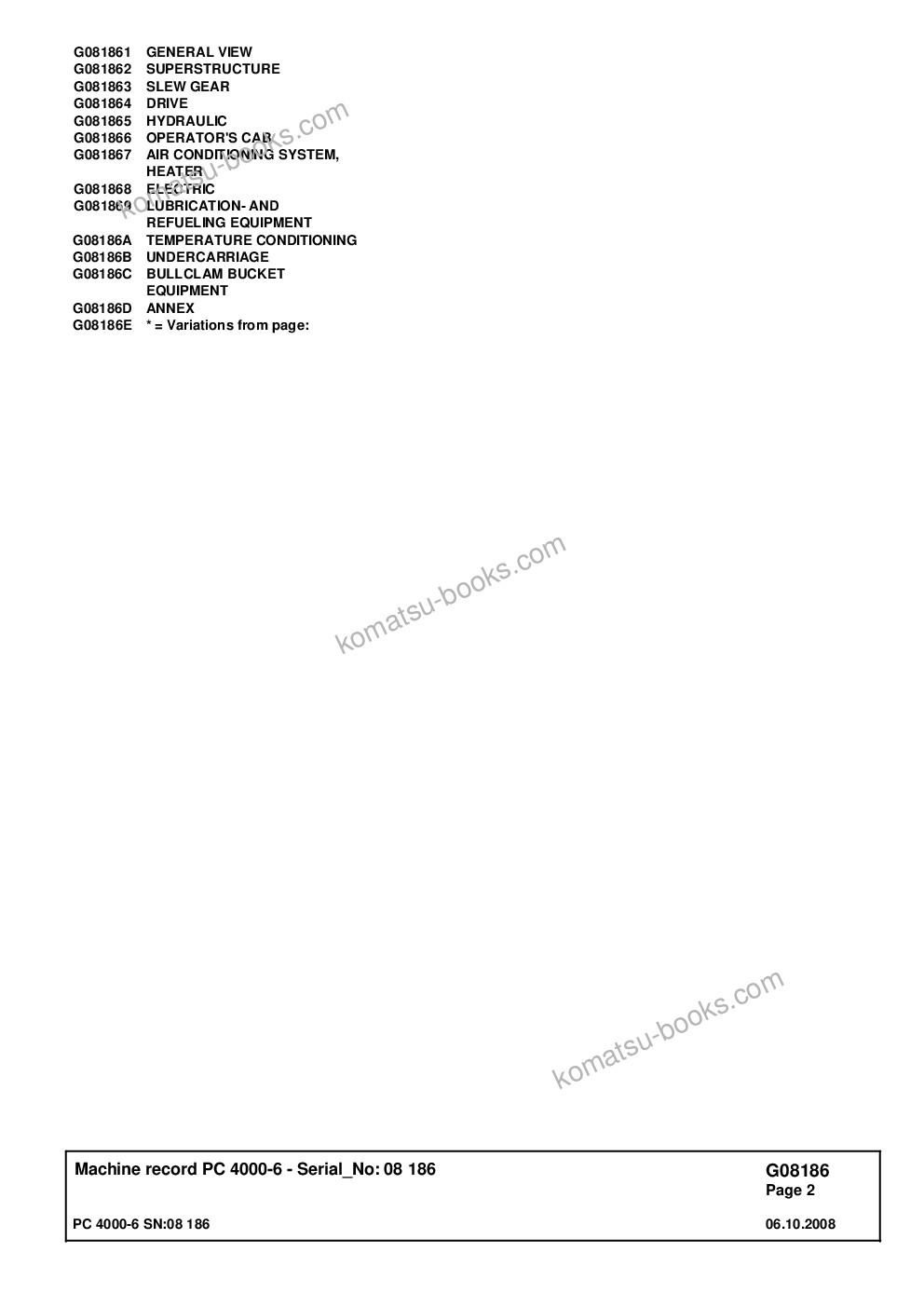 Komatsu pc4000-6 s/n 08186 Parts catalog cover Page 2 Komatsu pc4000-6 s/n 08186 Parts catalog cover Page 2
