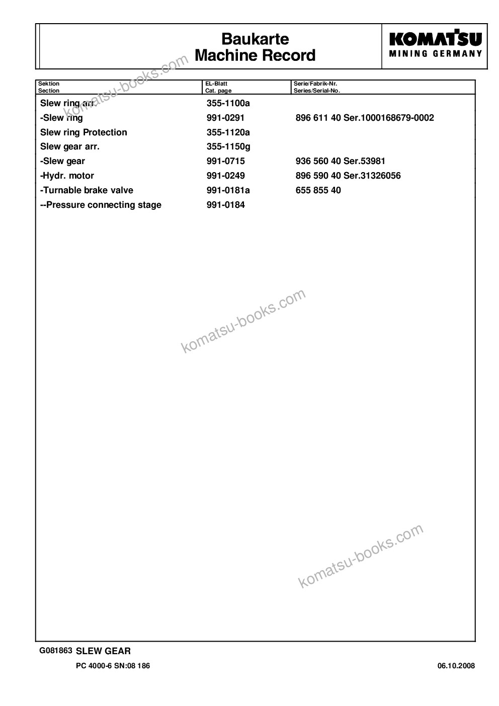 Komatsu pc4000-6 s/n 08186 Parts catalog cover Page 5 Komatsu pc4000-6 s/n 08186 Parts catalog cover Page 5