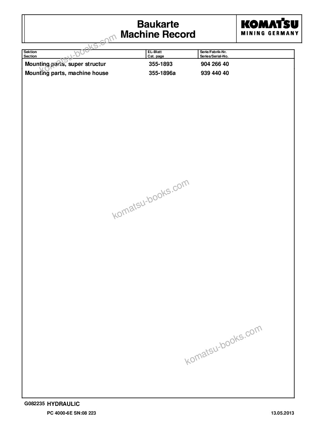 Komatsu pc4000-6e s/n 08223 Parts catalog cover Page 9 Komatsu pc4000-6e s/n 08223 Parts catalog cover Page 9