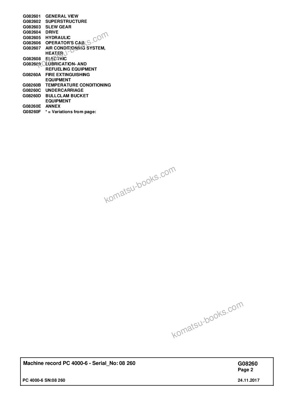 Komatsu pc4000-6 s/n 08260 Parts catalog cover Page 2 Komatsu pc4000-6 s/n 08260 Parts catalog cover Page 2