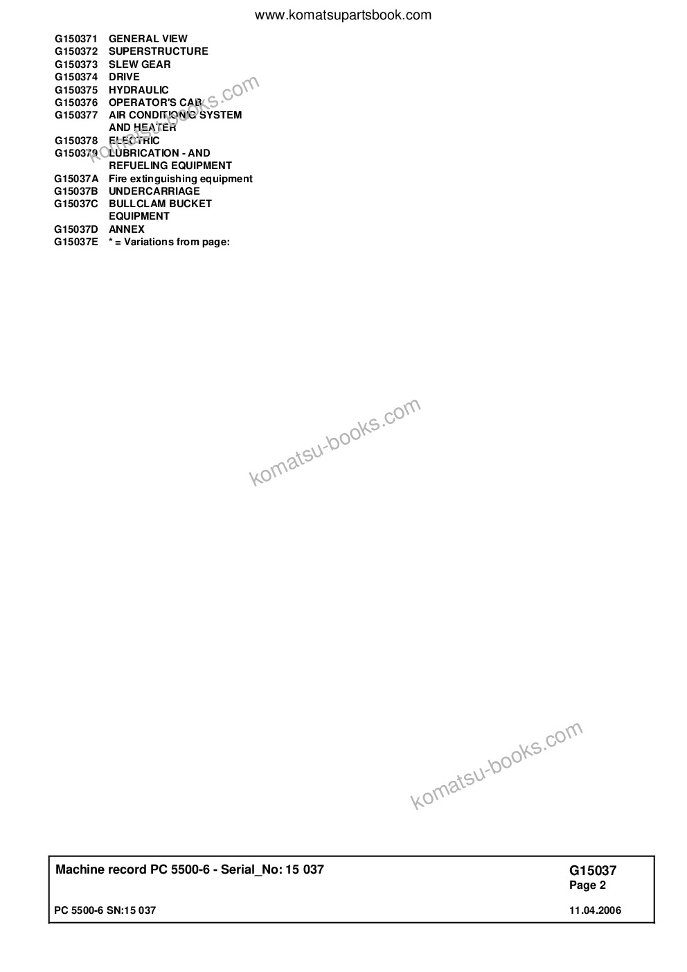 Komatsu pc5500-6 s/n 15037 Parts catalog cover Page 2 Komatsu pc5500-6 s/n 15037 Parts catalog cover Page 2