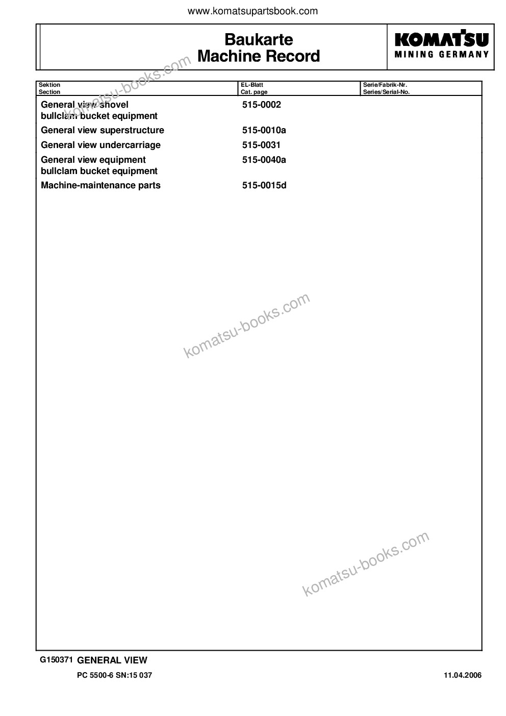 Komatsu pc5500-6 s/n 15037 Parts catalog cover Page 3 Komatsu pc5500-6 s/n 15037 Parts catalog cover Page 3