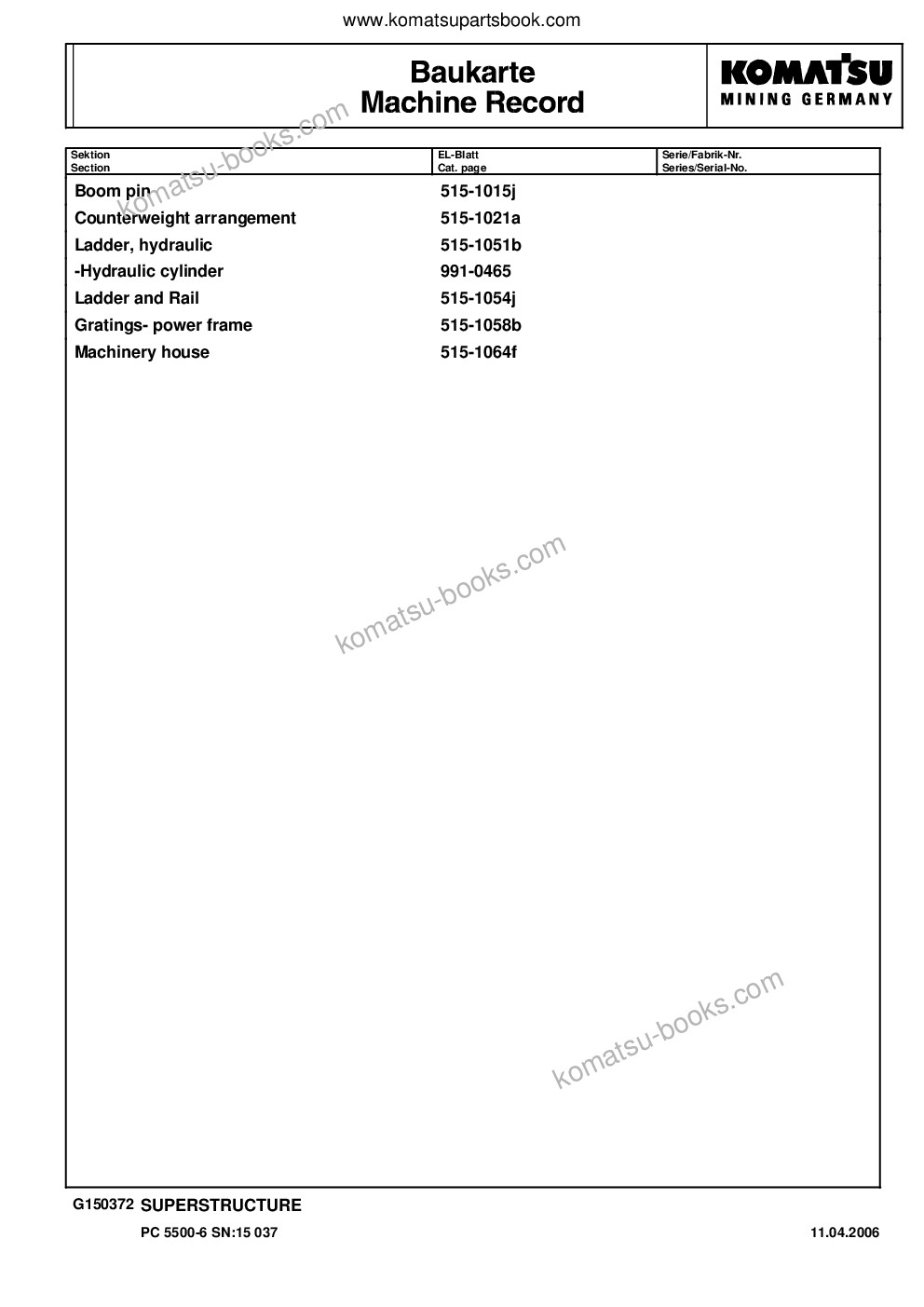 Komatsu pc5500-6 s/n 15037 Parts catalog cover Page 4 Komatsu pc5500-6 s/n 15037 Parts catalog cover Page 4