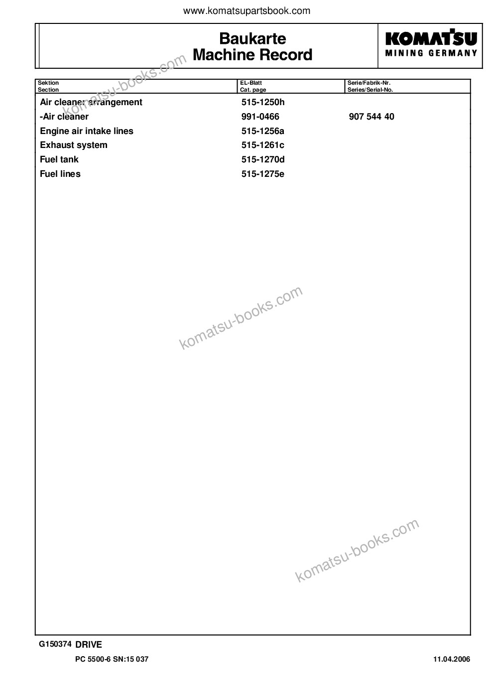 Komatsu pc5500-6 s/n 15037 Parts catalog cover Page 7 Komatsu pc5500-6 s/n 15037 Parts catalog cover Page 7