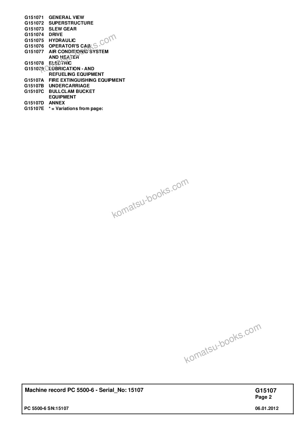 Komatsu pc5500-6 s/n 15107 Parts catalog cover Page 2 Komatsu pc5500-6 s/n 15107 Parts catalog cover Page 2