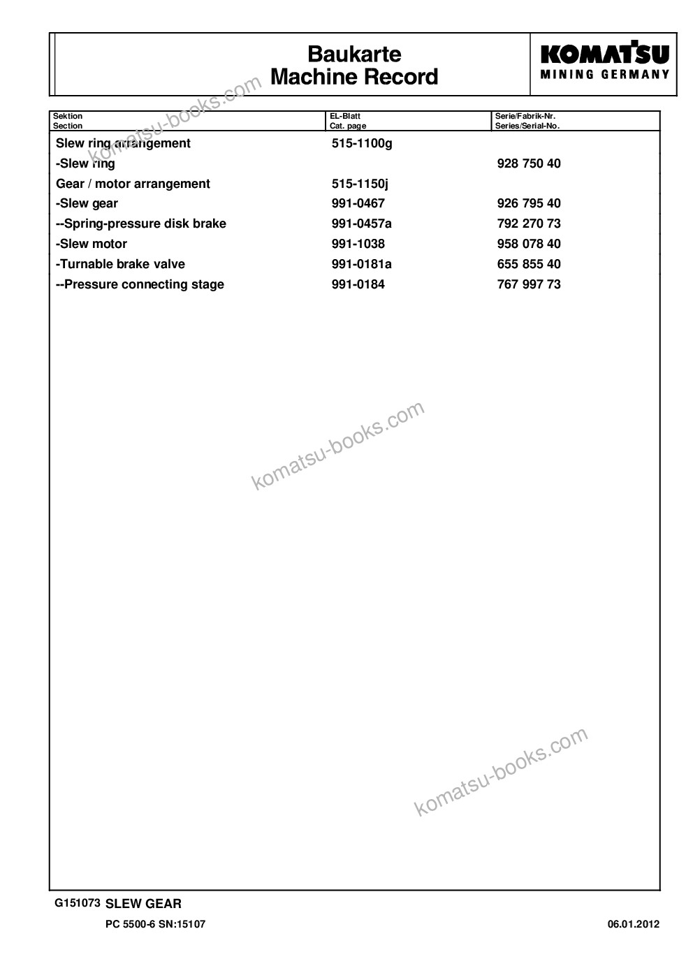 Komatsu pc5500-6 s/n 15107 Parts catalog cover Page 5 Komatsu pc5500-6 s/n 15107 Parts catalog cover Page 5