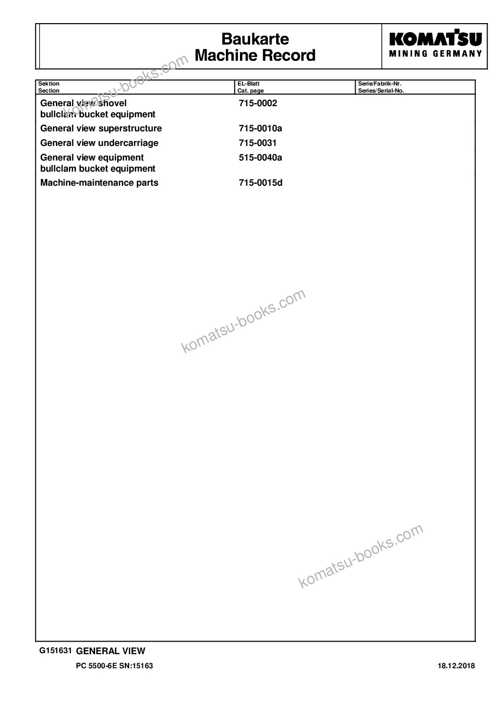 Komatsu PC5500-6 S/N 15163 Parts catalog cover Page 3 Komatsu PC5500-6 S/N 15163 Parts catalog cover Page 3