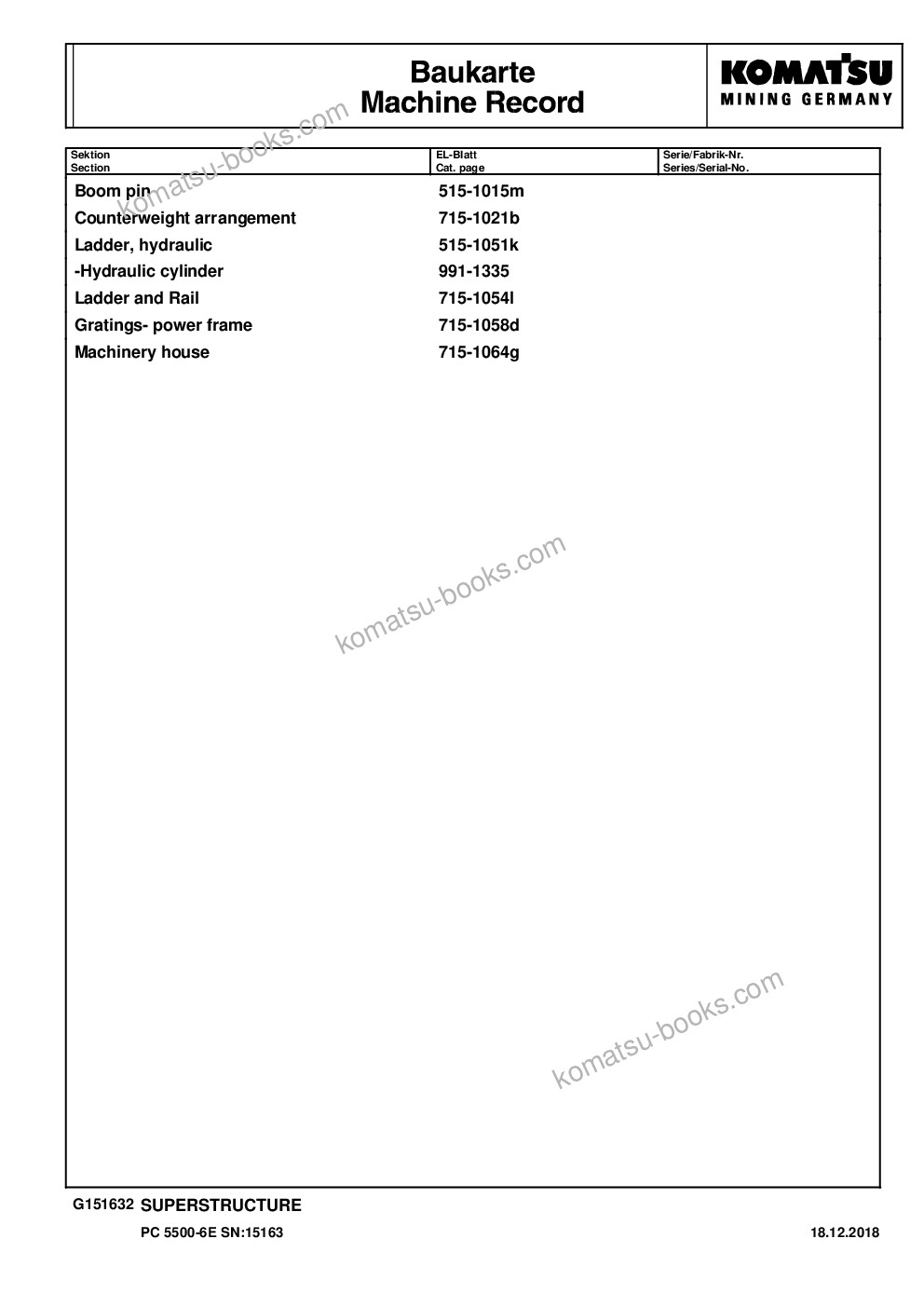 Komatsu PC5500-6 S/N 15163 Parts catalog cover Page 4 Komatsu PC5500-6 S/N 15163 Parts catalog cover Page 4