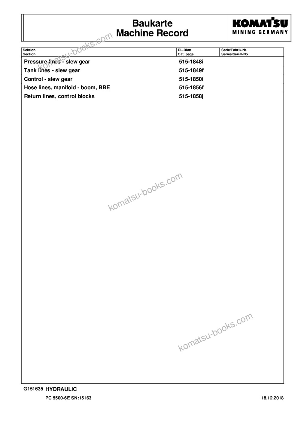 Komatsu PC5500-6 S/N 15163 Parts catalog cover Page 9 Komatsu PC5500-6 S/N 15163 Parts catalog cover Page 9