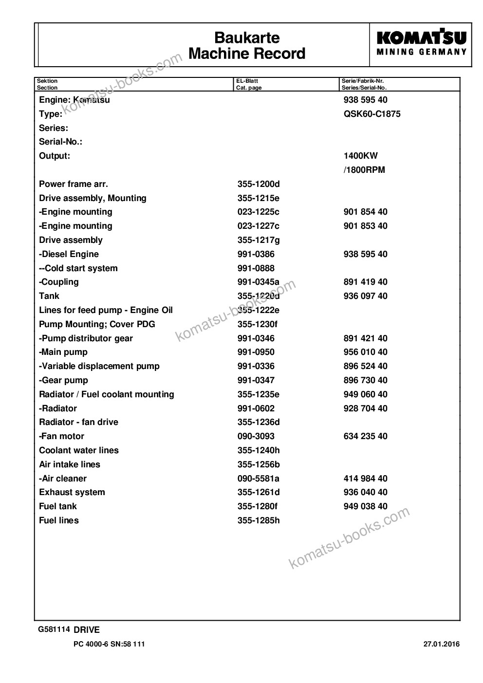 Komatsu pc4000-6 s/n 58111 Parts catalog cover Page 6 Komatsu pc4000-6 s/n 58111 Parts catalog cover Page 6