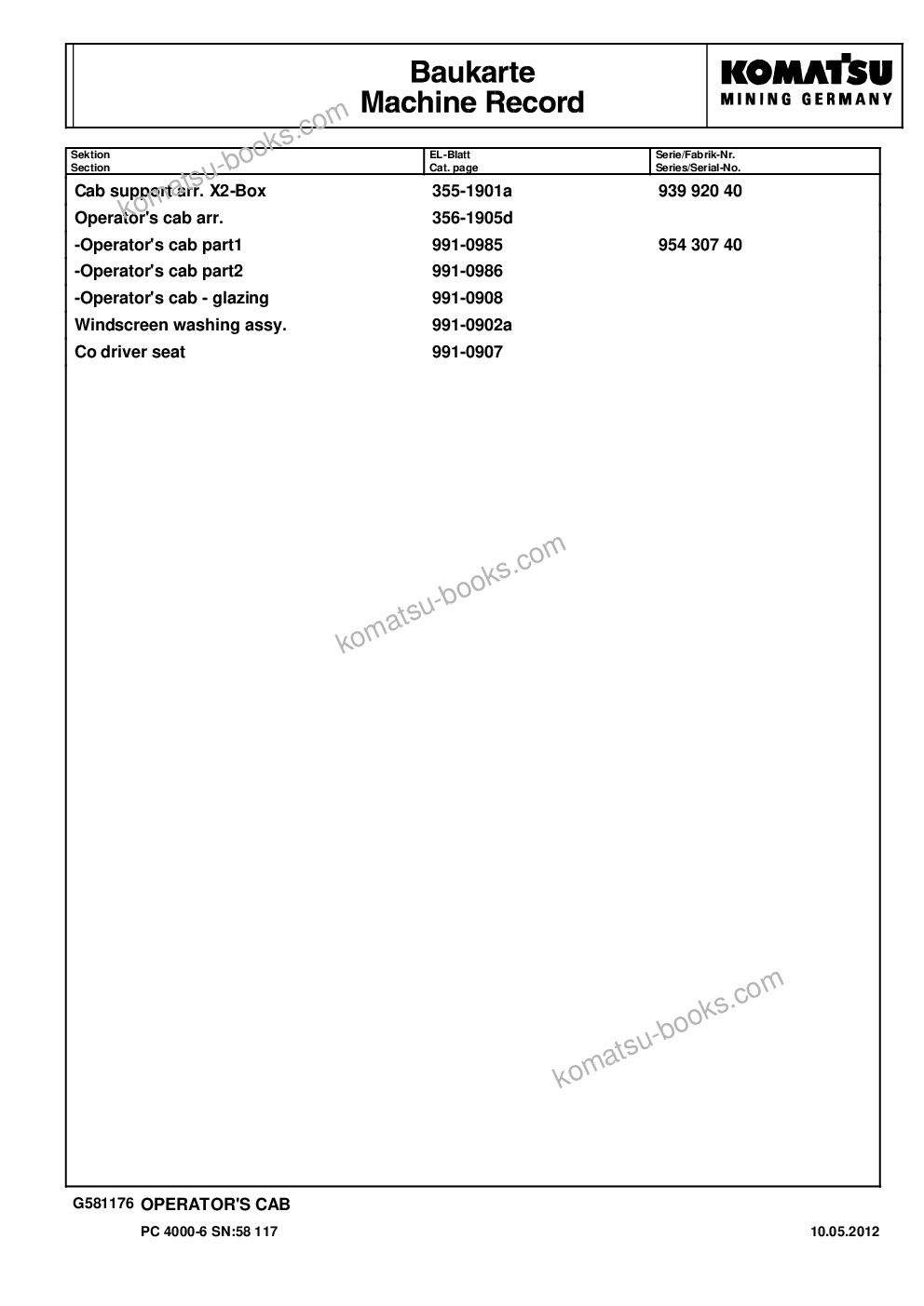 Komatsu pc4000-6 s/n 58117 Parts catalog cover Page 10 Komatsu pc4000-6 s/n 58117 Parts catalog cover Page 10