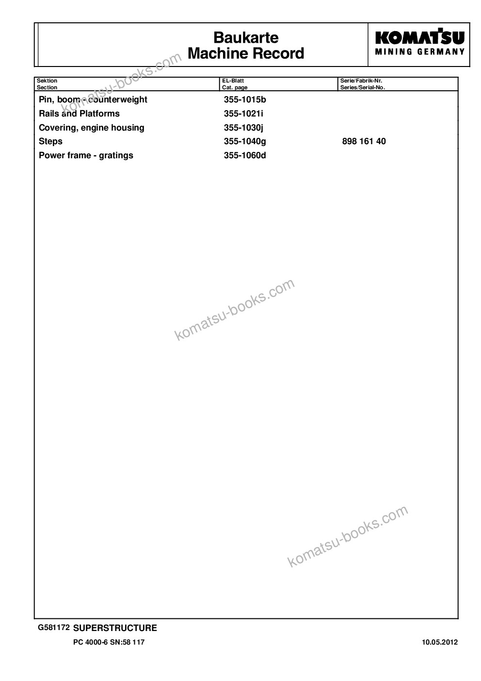 Komatsu pc4000-6 s/n 58117 Parts catalog cover Page 4 Komatsu pc4000-6 s/n 58117 Parts catalog cover Page 4