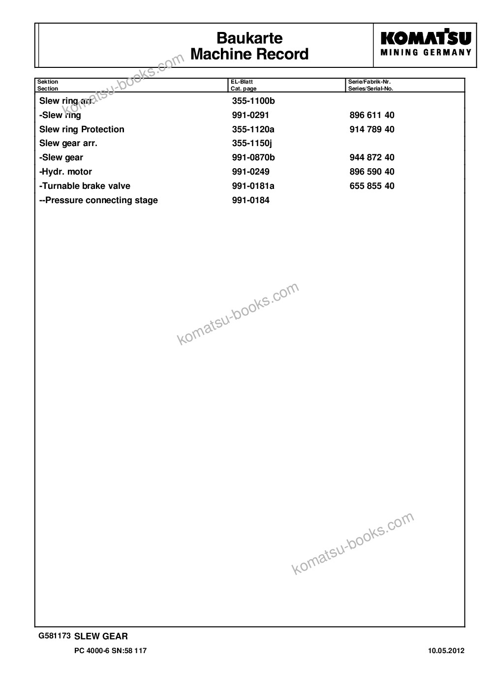 Komatsu pc4000-6 s/n 58117 Parts catalog cover Page 5 Komatsu pc4000-6 s/n 58117 Parts catalog cover Page 5