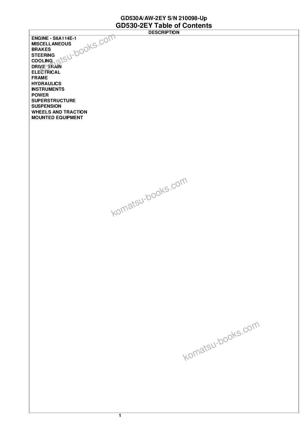 Komatsu gd530a/aw-2ey s/n 210098-up Parts catalog cover Page 2