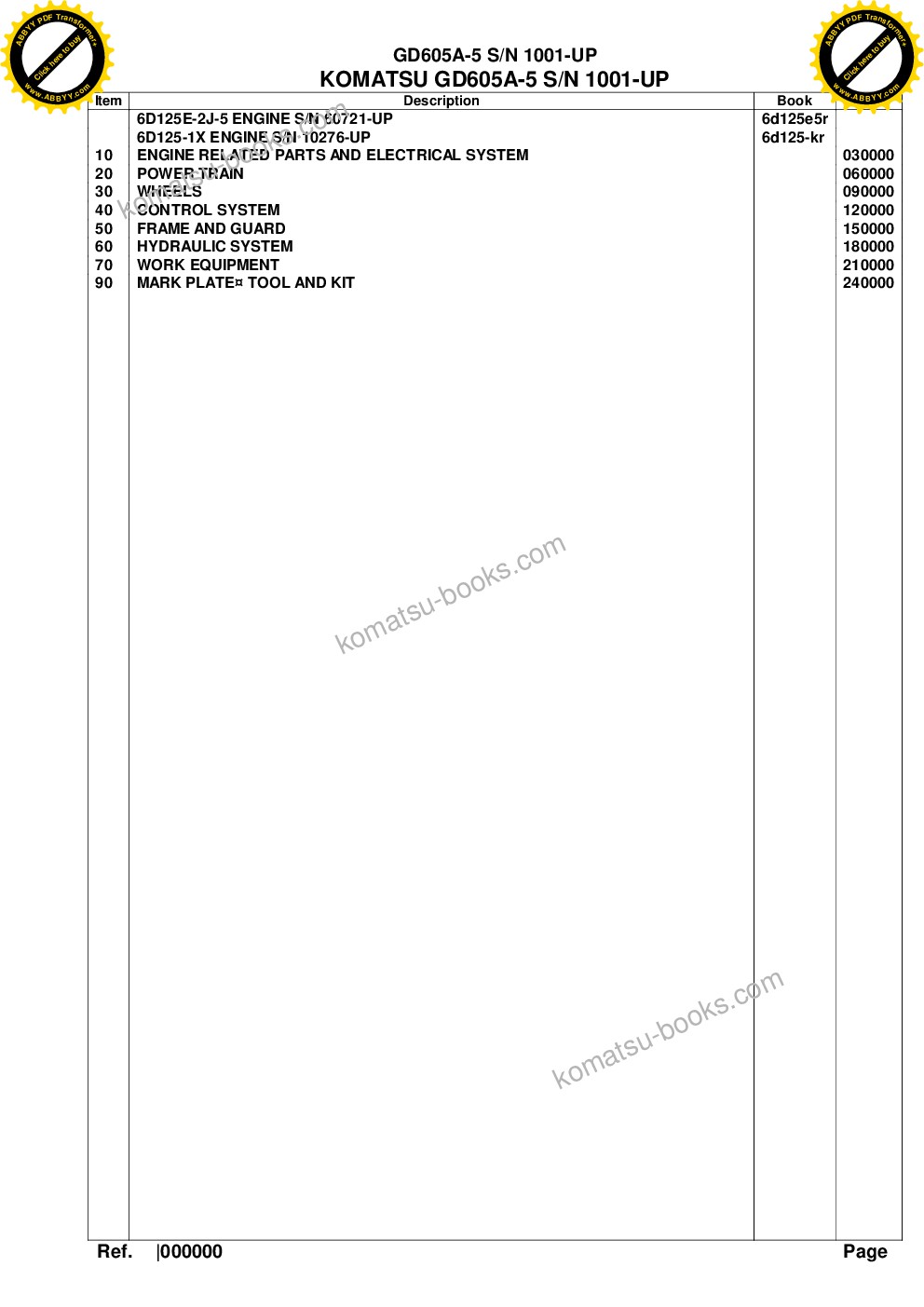 Komatsu gd605a-5 s/n 1001-up Parts catalog cover