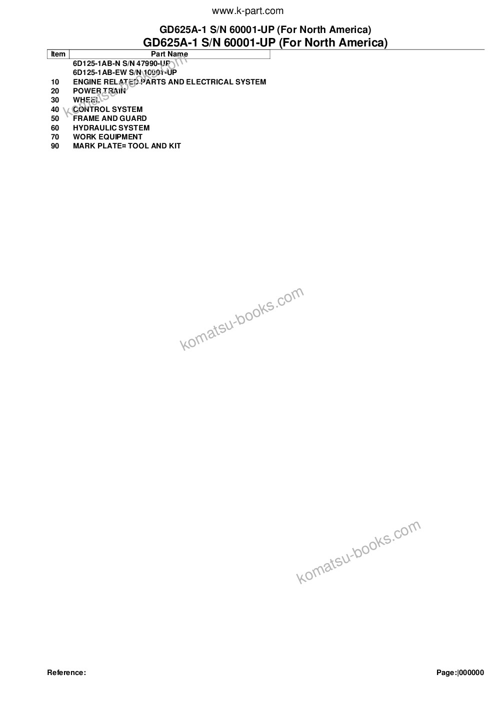 Komatsu gd625a-1 s/n 60001-up for north america Parts catalog cover Komatsu gd625a-1 s/n 60001-up for north america Parts catalog cover