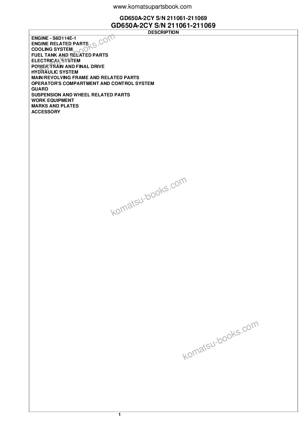 Komatsu gd650a-2cy s/n 211061-211069 Parts catalog cover Page 2 Komatsu gd650a-2cy s/n 211061-211069 Parts catalog cover Page 2