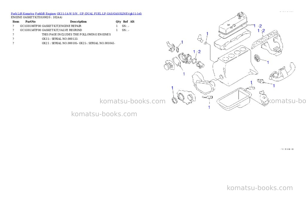 Komatsu GK15-1A-W S/N .-UP (DUAL FUEL-LP GAS/GASOLINE) Parts catalog cover Komatsu GK15-1A-W S/N .-UP (DUAL FUEL-LP GAS/GASOLINE) Parts catalog cover