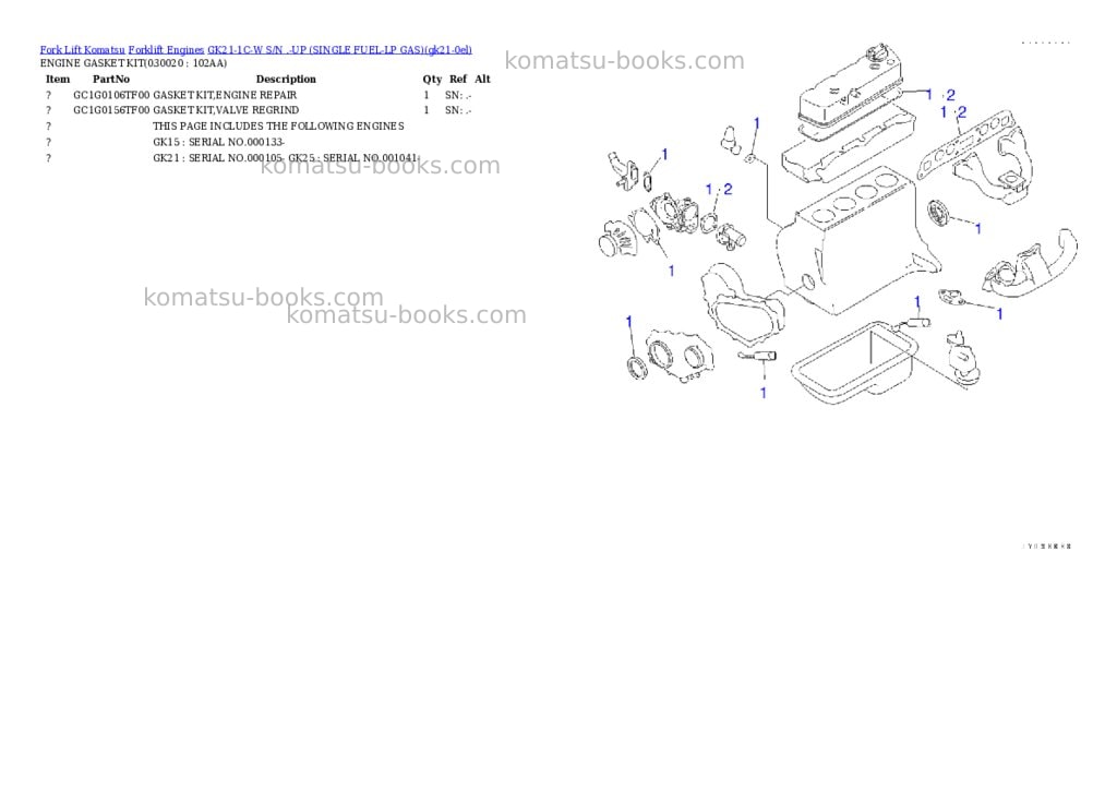 Komatsu GK21-1C-W S/N .-UP (SINGLE FUEL-LP GAS) Parts catalog cover