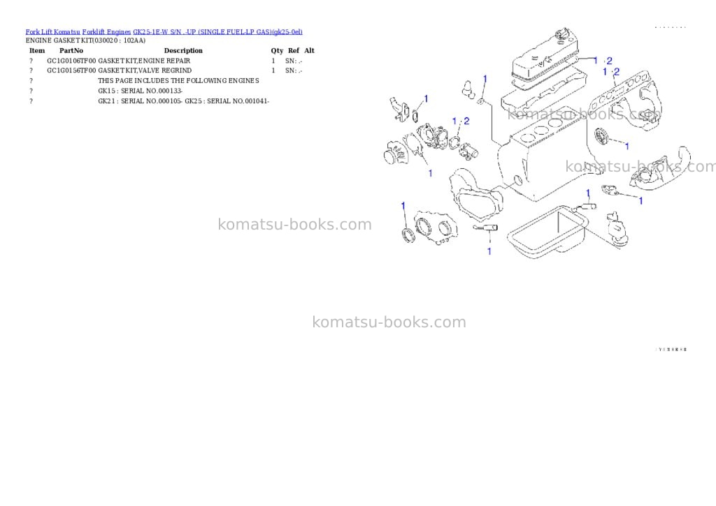 Komatsu GK25-1E-W S/N .-UP (SINGLE FUEL-LP GAS) Parts catalog cover Komatsu GK25-1E-W S/N .-UP (SINGLE FUEL-LP GAS) Parts catalog cover