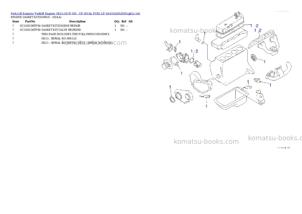 Komatsu GK25-1D-W S/N .-UP (DUAL FUEL-LP GAS/GASOLINE) Parts catalog cover Komatsu GK25-1D-W S/N .-UP (DUAL FUEL-LP GAS/GASOLINE) Parts catalog cover
