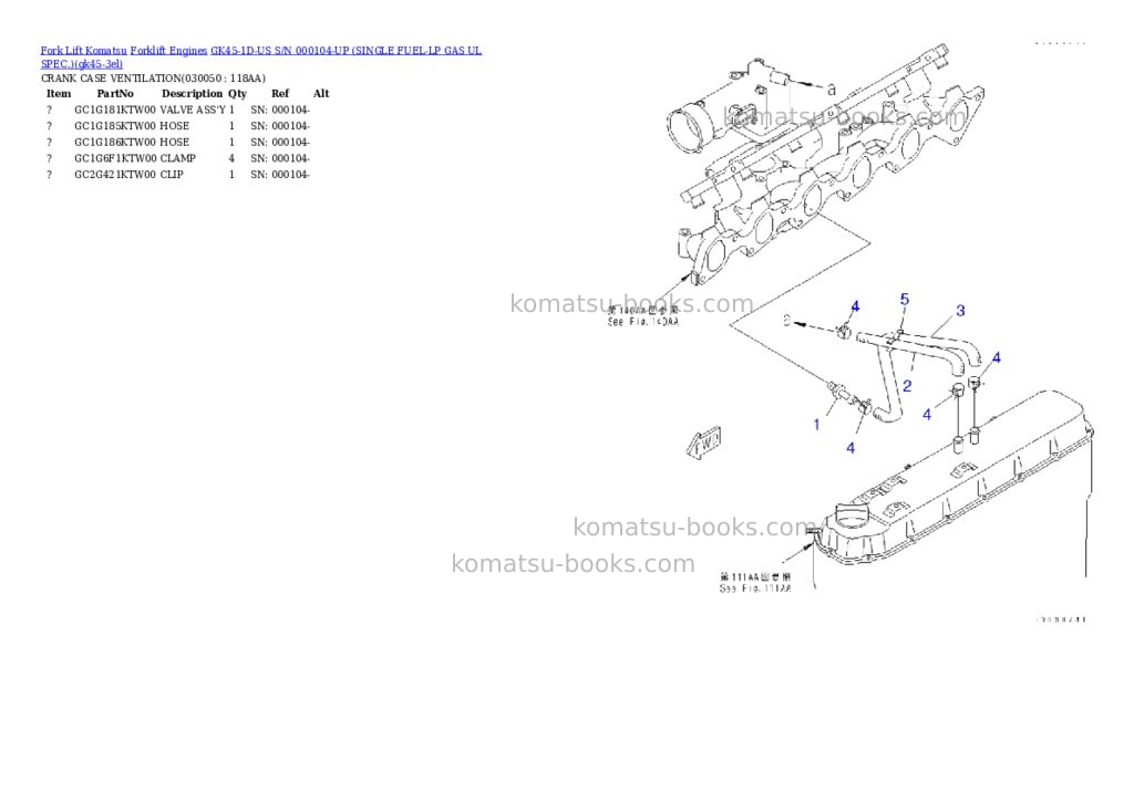 Komatsu GK45-1D-US S/N 000104-UP (SINGLE FUEL-LP GAS UL SPEC.) Parts catalog cover Page 4