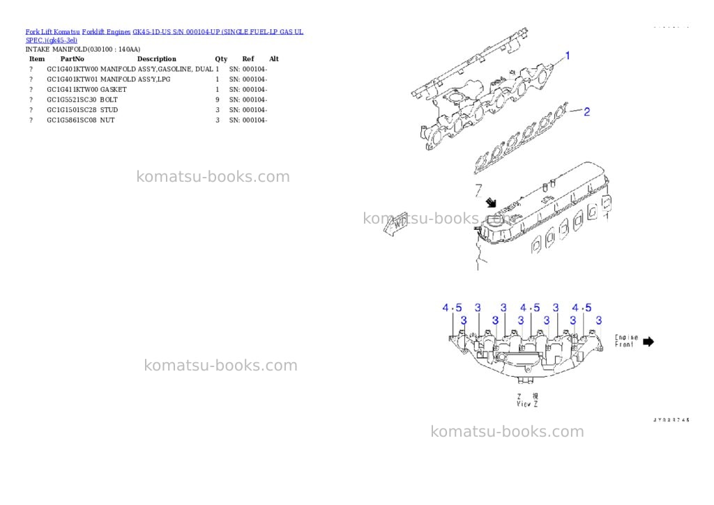 Komatsu GK45-1D-US S/N 000104-UP (SINGLE FUEL-LP GAS UL SPEC.) Parts catalog cover Page 9