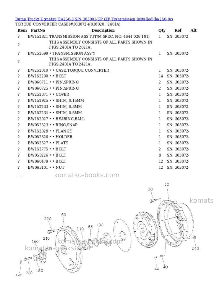 Komatsu HA250-3 S/N 303001-UP (ZF Transmission Installed) Parts catalog cover