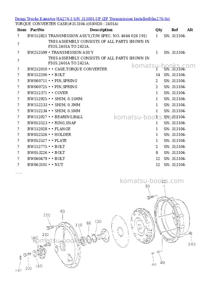 Komatsu HA270-3 S/N 313001-UP (ZF Transmission Installed) Parts catalog cover