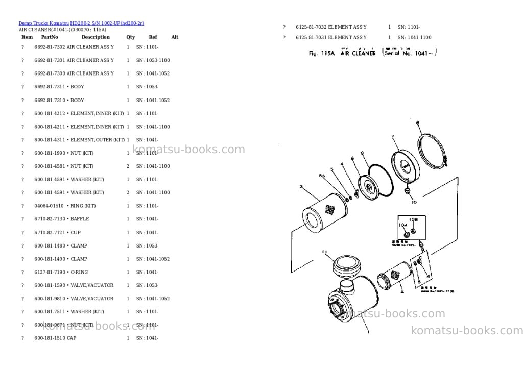 Komatsu HD200-2 S/N 1002-UP Parts catalog cover Page 6