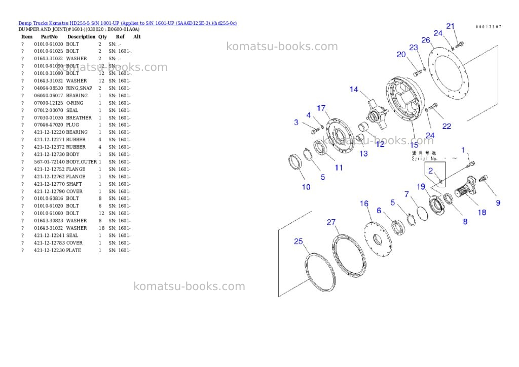 Komatsu HD255-5 S/N 1001-UP (Applies to S/N 1601-UP (SAA6D125E-3).) Parts catalog cover Komatsu HD255-5 S/N 1001-UP (Applies to S/N 1601-UP (SAA6D125E-3).) Parts catalog cover