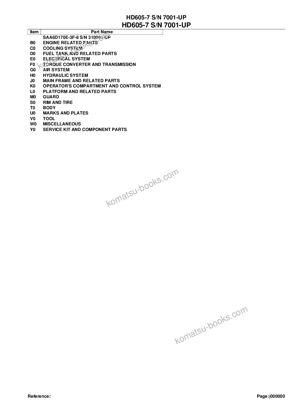 Komatsu HD605-7 S/N 7001-UP Parts catalog cover