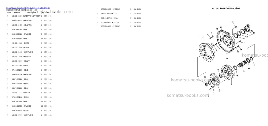 Komatsu hd785-1l s/n 1101-up Parts catalog cover