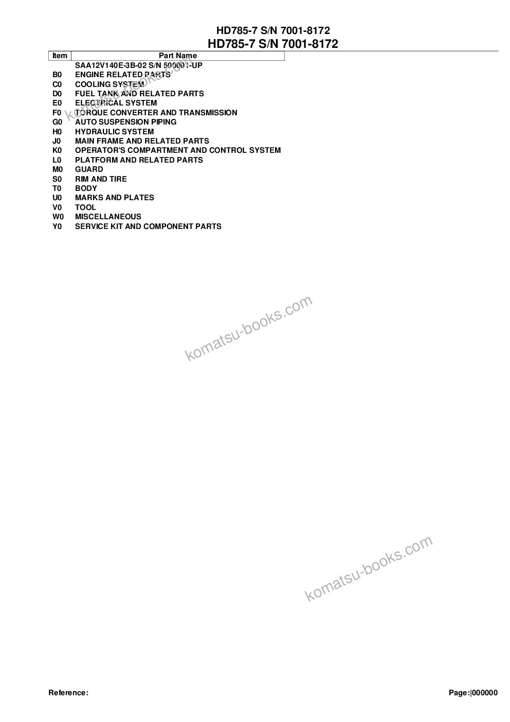 Komatsu HD785-7 S/N 7001-8172 Parts catalog cover