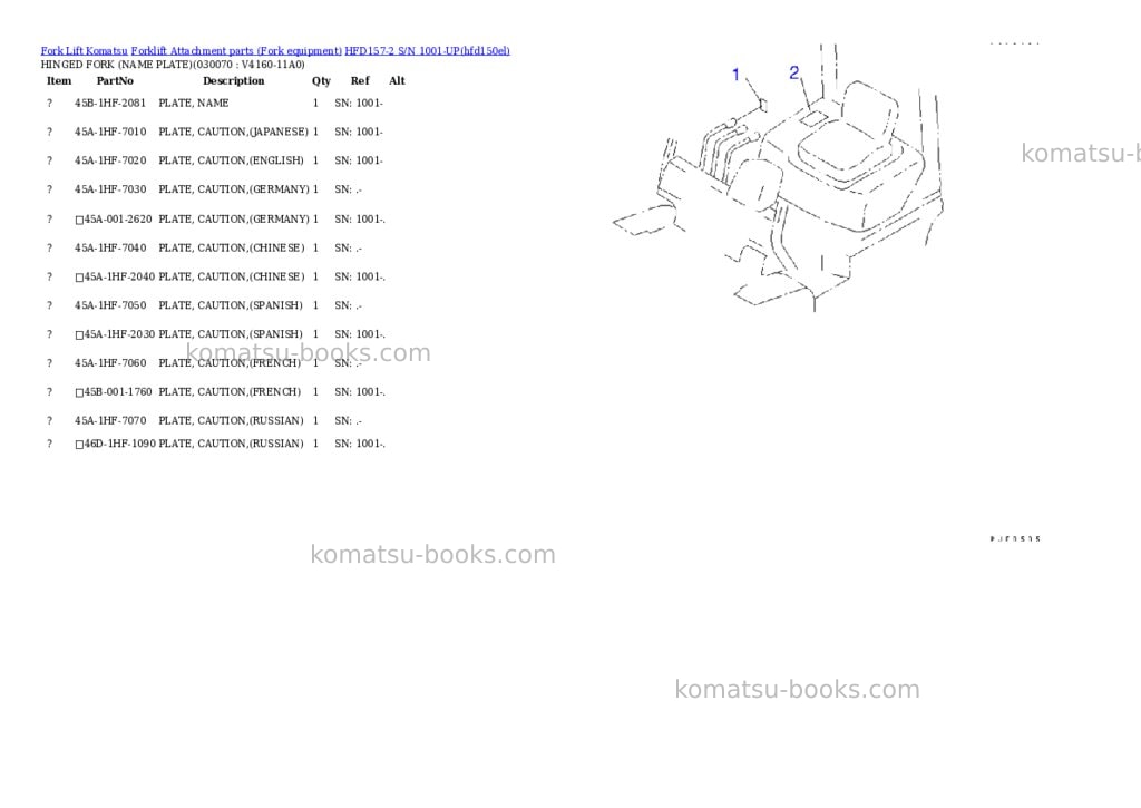 Komatsu hfd157-2 s/n 1001-up Parts catalog cover Page 7 Komatsu hfd157-2 s/n 1001-up Parts catalog cover Page 7