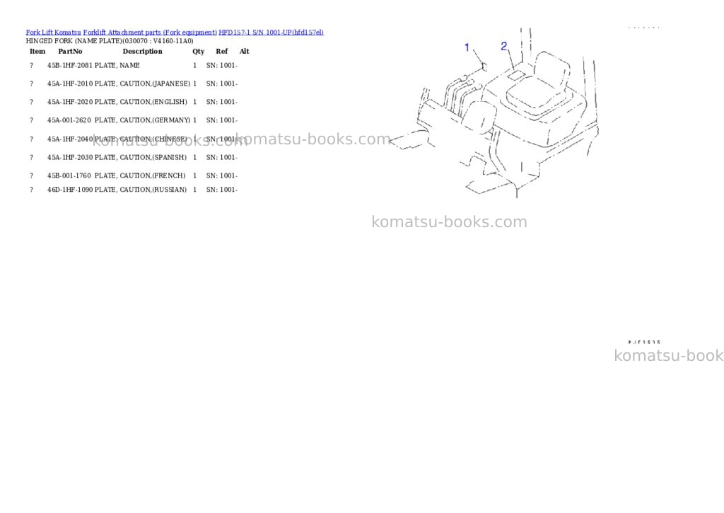 Komatsu hfd157-1 s/n 1001-up Parts catalog cover Page 7 Komatsu hfd157-1 s/n 1001-up Parts catalog cover Page 7
