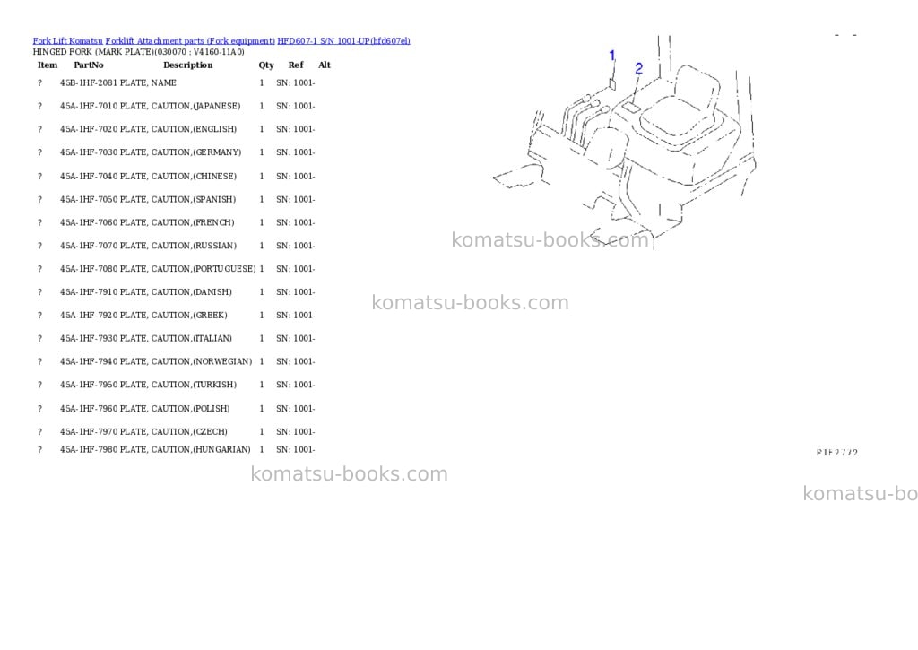 Komatsu hfd607-1 s/n 1001-up Parts catalog cover Page 7 Komatsu hfd607-1 s/n 1001-up Parts catalog cover Page 7