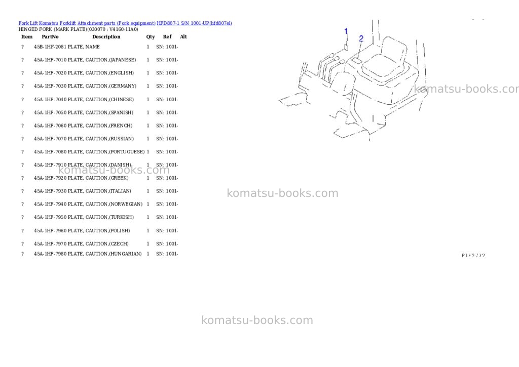 Komatsu hfd807-1 s/n 1001-up Parts catalog cover Page 6 Komatsu hfd807-1 s/n 1001-up Parts catalog cover Page 6