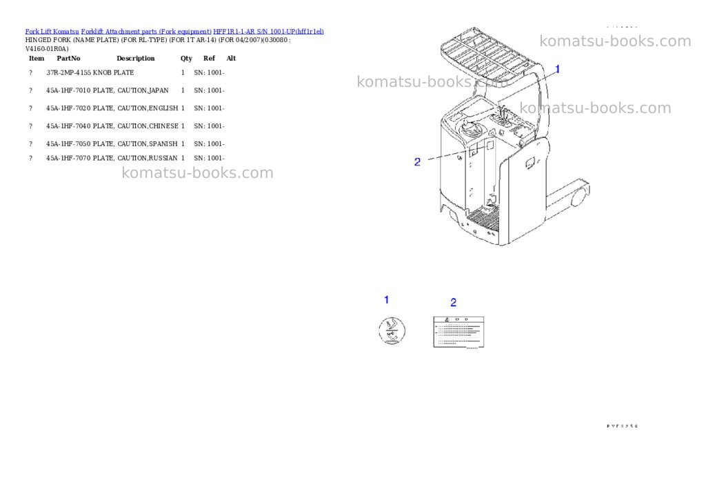 Komatsu hff1r1-1-ar s/n 1001-up Parts catalog cover Page 7 Komatsu hff1r1-1-ar s/n 1001-up Parts catalog cover Page 7