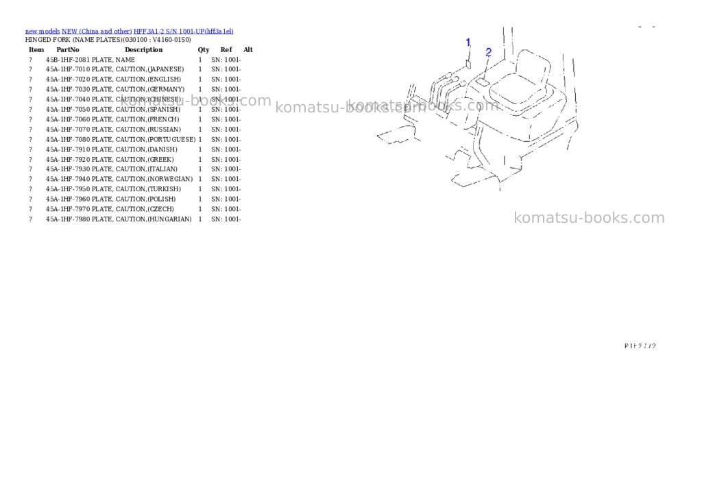 Komatsu hff3a1-2 s/n 1001-up Parts catalog cover Page 9 Komatsu hff3a1-2 s/n 1001-up Parts catalog cover Page 9