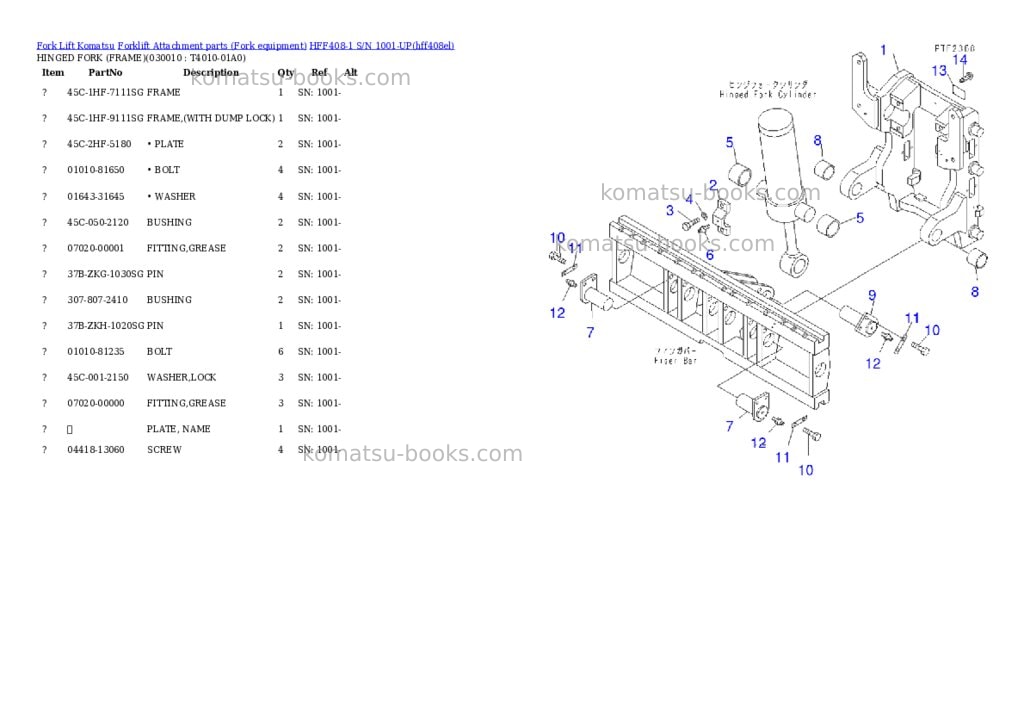 Komatsu hff408-1 s/n 1001-up Parts catalog cover