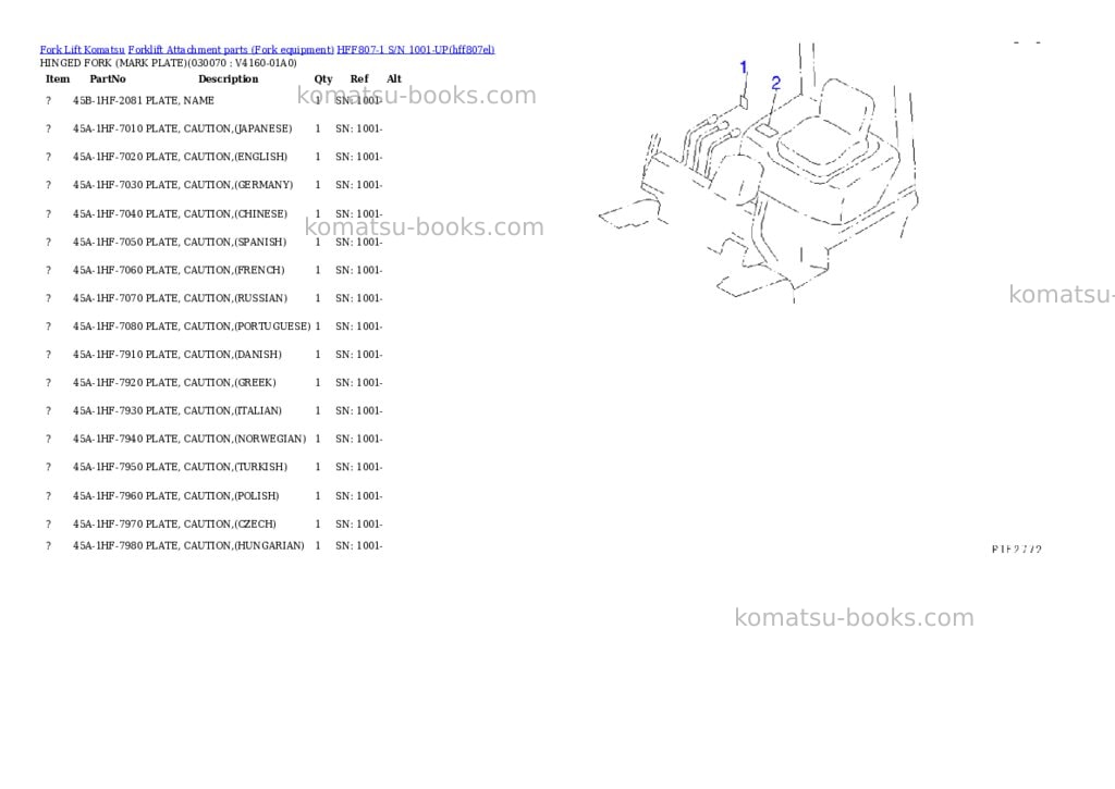 Komatsu hff807-1 s/n 1001-up Parts catalog cover Page 6 Komatsu hff807-1 s/n 1001-up Parts catalog cover Page 6
