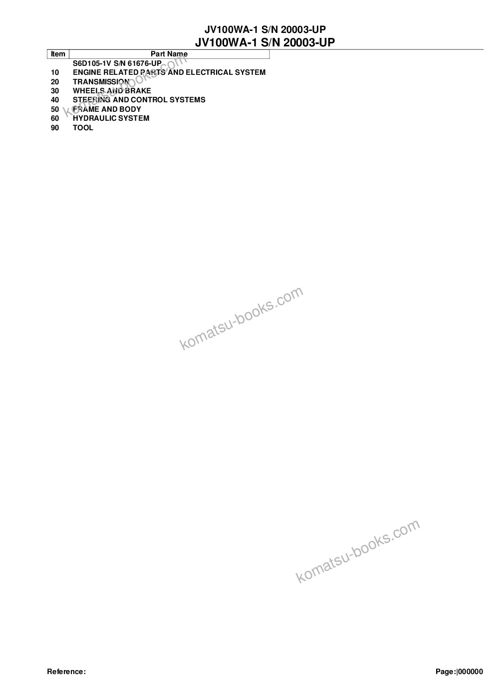 Komatsu JV100WA-1 S/N 20003-UP Parts catalog cover Komatsu JV100WA-1 S/N 20003-UP Parts catalog cover
