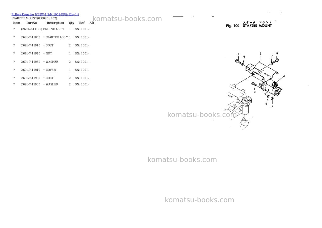 Komatsu JV32W-1 S/N 1001-UP Parts catalog cover