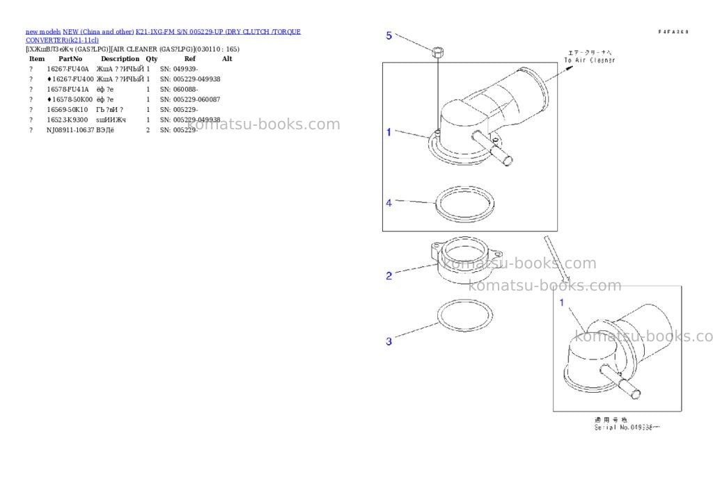 Komatsu k21-1xg-fm s/n 005229-up dry clutch /torque converter Parts catalog cover Page 10 Komatsu k21-1xg-fm s/n 005229-up dry clutch /torque converter Parts catalog cover Page 10