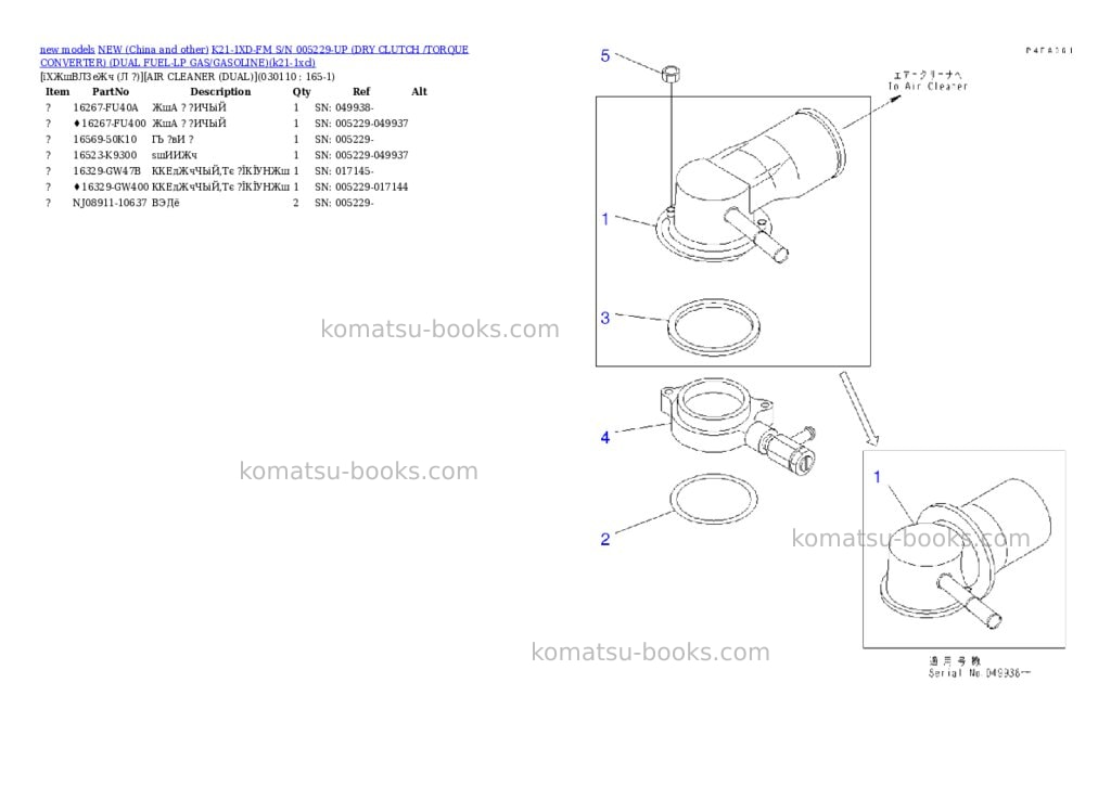 Komatsu k21-1xd-fm s/n 005229-up dry clutch /torque converter dual fuel-lp gas/gasoline Parts catalog cover Page 10