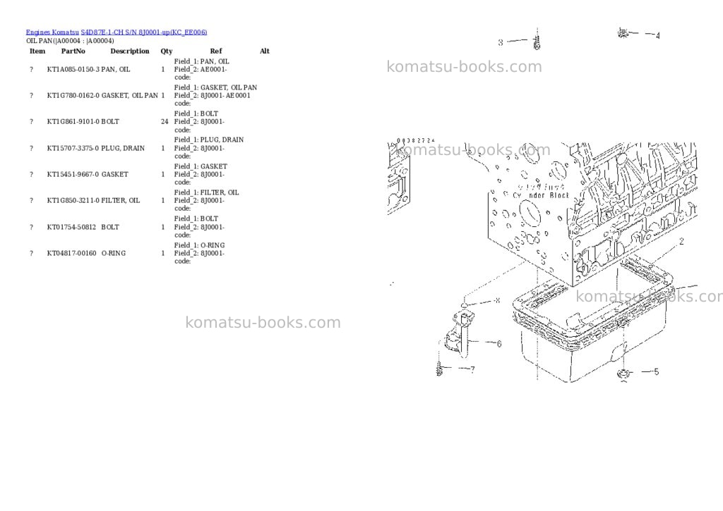 Komatsu S4D87E-1-CH S/N 8J0001-up Parts catalog cover