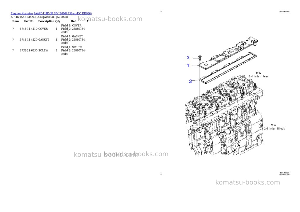 Komatsu saa6d114e-3f s/n 26866736-up Parts catalog cover Page 6 Komatsu saa6d114e-3f s/n 26866736-up Parts catalog cover Page 6