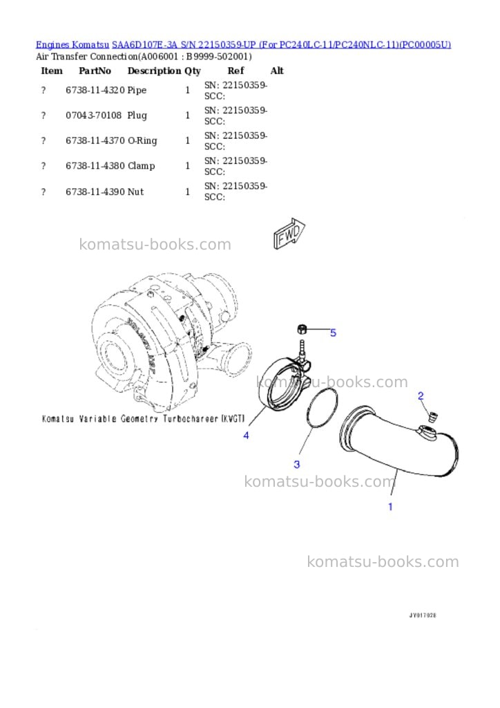 Komatsu saa6d107e-3a s/n 22150359-up for pc240lc-11/pc240nlc-11 Parts catalog cover Page 5