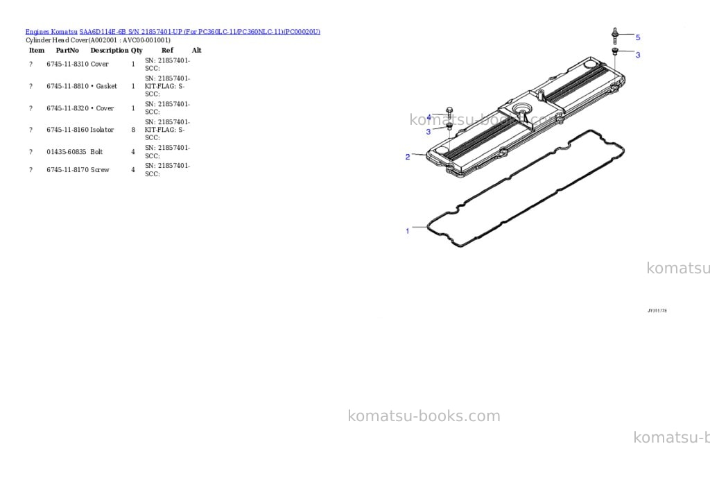 Komatsu saa6d114e-6b s/n 21857401-up for pc360lc-11/pc360nlc-11 Parts catalog cover